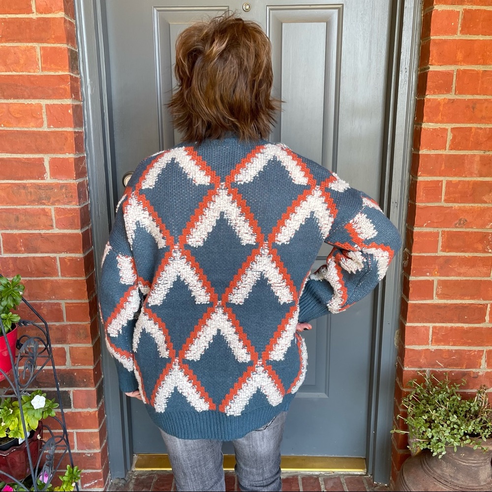 NWT Adora Teal & Orange Geometric Abstract Shaped Button Cardigan One Size - Picture 4 of 16